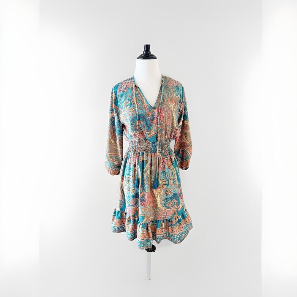 Paani Anthropologie Boho Mini Dress Small Blue Pink Gold Block Print India